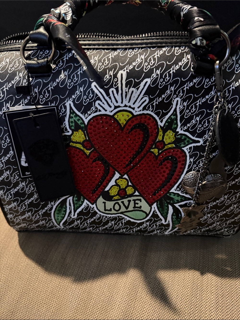 Ed Hardy Black Satchel with Red Heart Motif